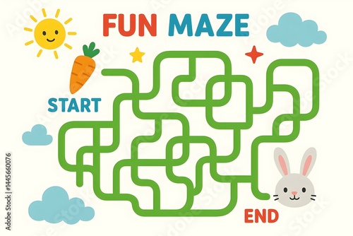 Obraz na płótnie A colorful maze design with a smiling sun, a carrot, clouds, and a cute bunny at the end, labeled START and END. Concept Colorful Maze Design, Smiling Sun Illustration, Cute Bunny Character w salonie