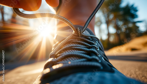 8K dynamic image of running shoe laces being pulled tight, motion blur emphasizing speed. Sunlight catching the metallic eyelets, ultra-sharp focus on the double-knot