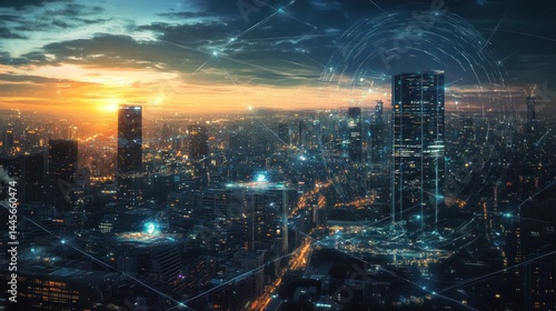 Wallpaper Mural Futuristic city skyline at sunset, network connections Torontodigital.ca