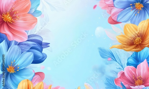 Spring Sale Horizontal Banner with Colorful Flowers Background for Discount Promotions and Invitations. AI generated illustration.