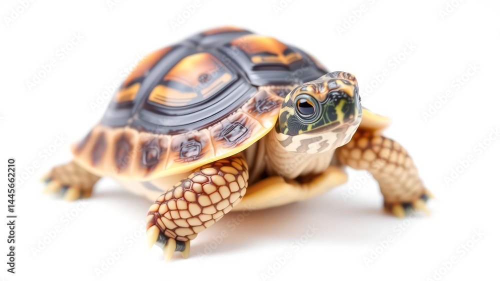 Obraz premium A baby tortoise with a patterned shell, crawling forward on a white background