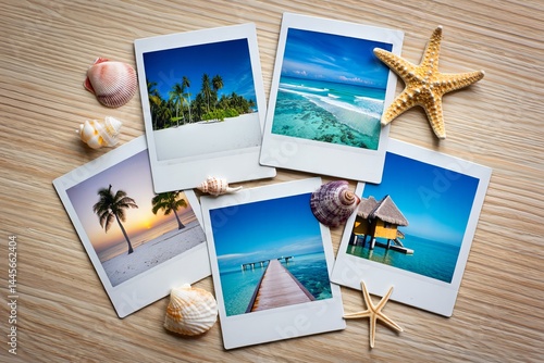 Tropical beach memories with seashells and polaroid photos for travel inspiration and summer adventure design