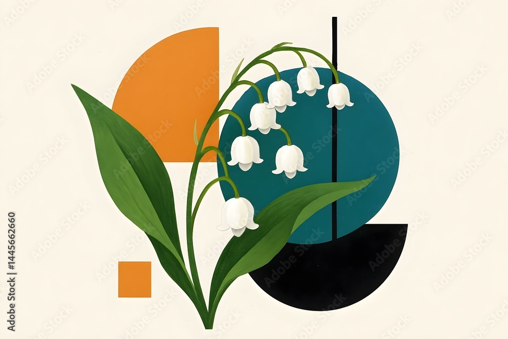 A modern illustration featuring a lily of the valley flower alongside abstract geometric shapes in various colors. Concept Lily of the Valley, Abstract Geometry, Modern Illustration