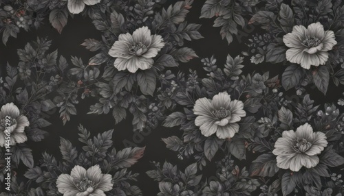 Elegant charcoal floral wallpaper, intricate small blooms and leaves, repeating design , botanical, surface