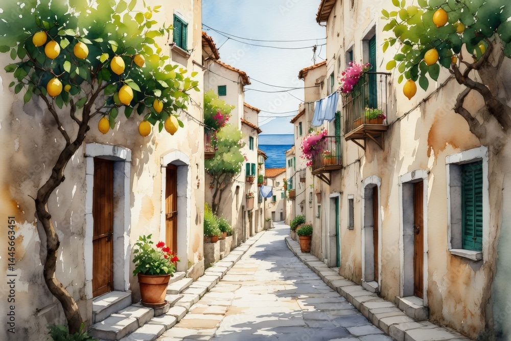 Fototapeta premium Watercolour illustration. Charming mediterranean village street with lemon trees and balconies