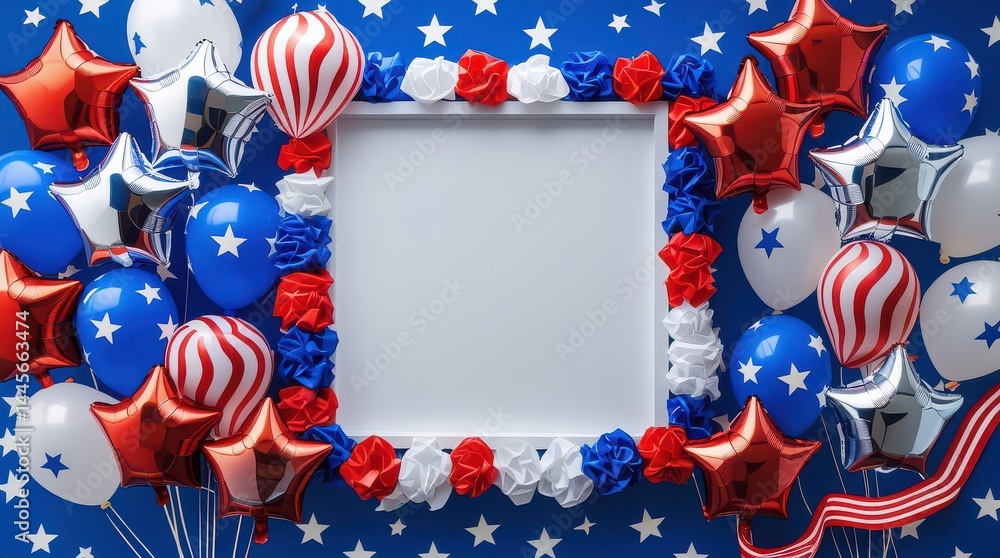 Fototapeta premium Patriotic Fourth of July Background with Blank Frame and Balloons