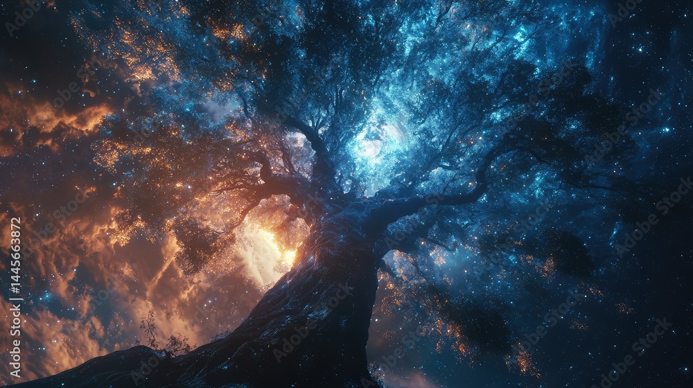 Obraz premium A sacred and vast tree that links the earth to the heavens, its trunk radiant and the space around it filled with the divine light of the cosmos.