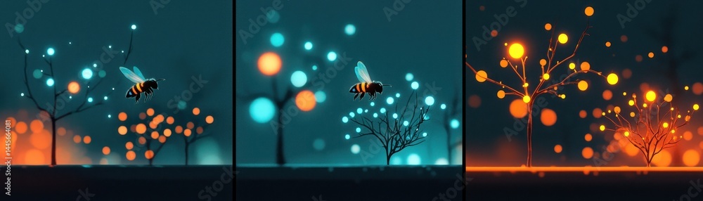 A stylized bee flies near trees with glowing colorful orbs A stylized bee flies near trees with glowing colorful orbs