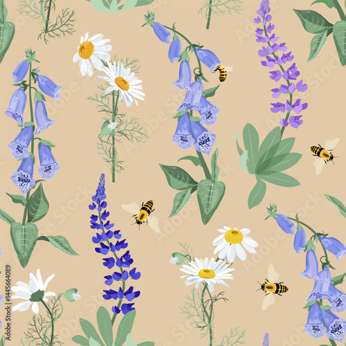 Seamless vector illustration with chamomile, lupine, digitalis and bees on a beige background. For decorating textiles, packaging