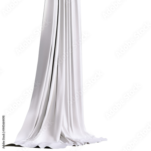Elegant white curtain fabric draped against a plain background, soft cloth material with gentle folds, minimalistic interior decor element for or stages