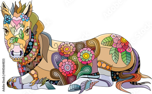 Zentangle lying horse. Hand drawn decorative vector illustration.