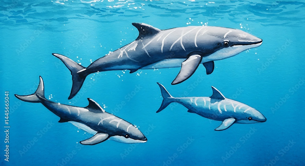 Fototapeta premium Sharks Swimming Underwater in Blue