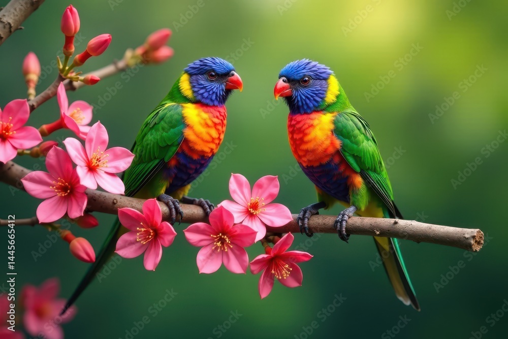 Fototapeta premium Two colorful birds perched on a blooming branch with vibrant pink flowers and lush greenery, Wildlife, Blooming Branch