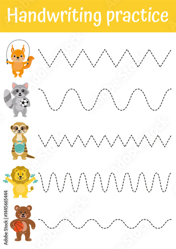 Tracing lines, handwriting training worksheet. Writing training page with cute animals for children. Educational game, activity for preschool, kindergarten. Fine motoric skills practice for kids.