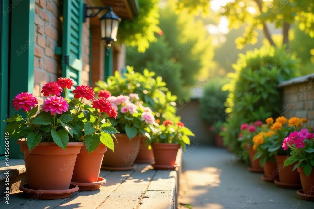 Fototapeta premium Various colorful potted flowers on a warm sunny patio , outdoor gardening, floral displays