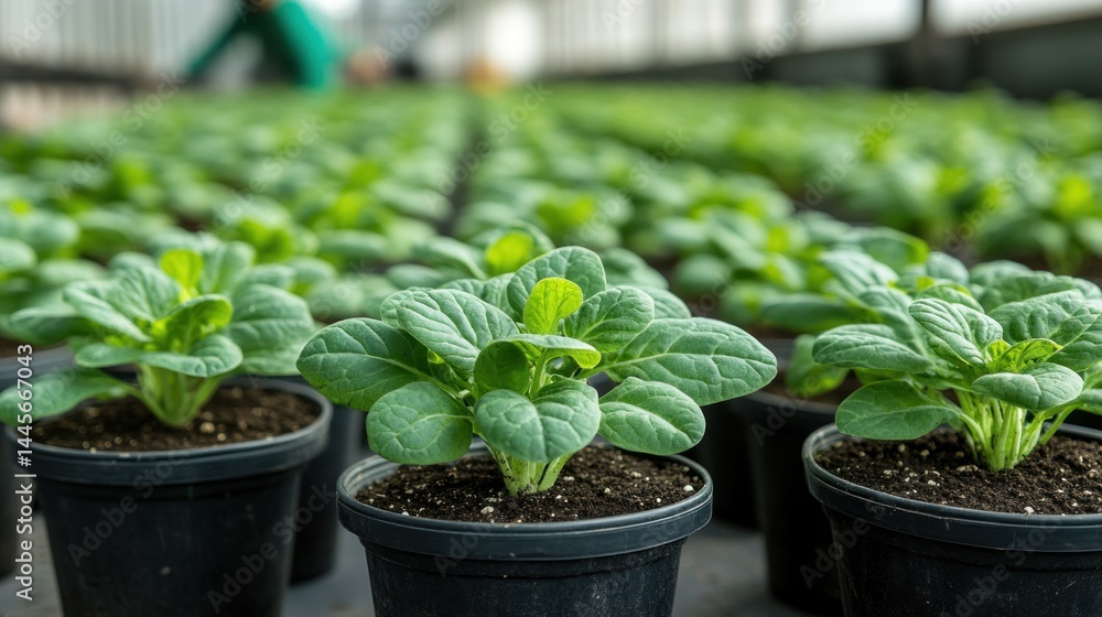 Rows of spinach seedlings in pots Rows of spinach seedlings in pots