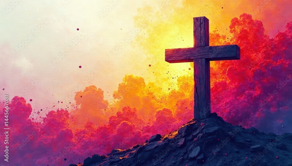 Obraz premium Vibrant abstract cross art piece with dynamic brushstrokes, symbol, design