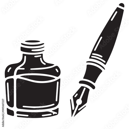 A vector image of a pen with its nib extended and an inkwell to the left.