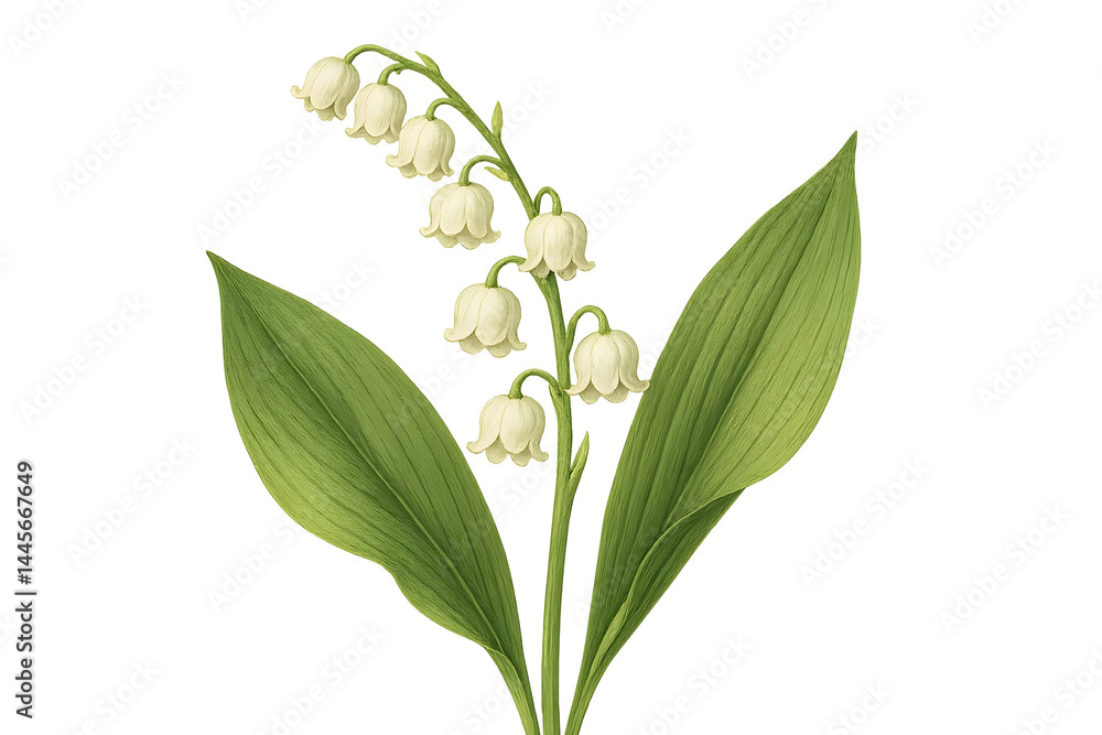 A bouquet of white lilies of the valley with long green leaves. Concept Bouquet Arrangement, White Lilies of the Valley, Green Leaves, Floral Aesthetics, Nature's Elegance