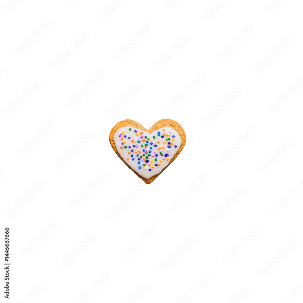 Heart shaped cookie with white icing and colorful sprinkles is centered on transparency background, creating striking contrast. cookie playful design evokes sense of joy and sweetness Heart shaped cookie with white icing and colorful sprinkles is centered on transparency background, creating striking contrast. cookie playful design evokes sense of joy and sweetness