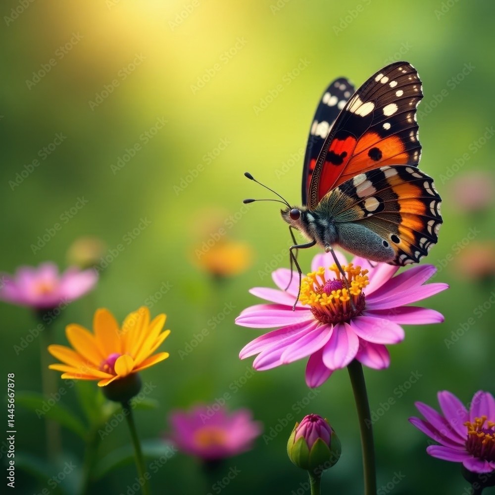 Vibrant butterfly perched on a patch of colorful wildflowers, with delicate wings spread wide, butterfly, wildlife Vibrant butterfly perched on a patch of colorful wildflowers, with delicate wings spread wide, butterfly, wildlife