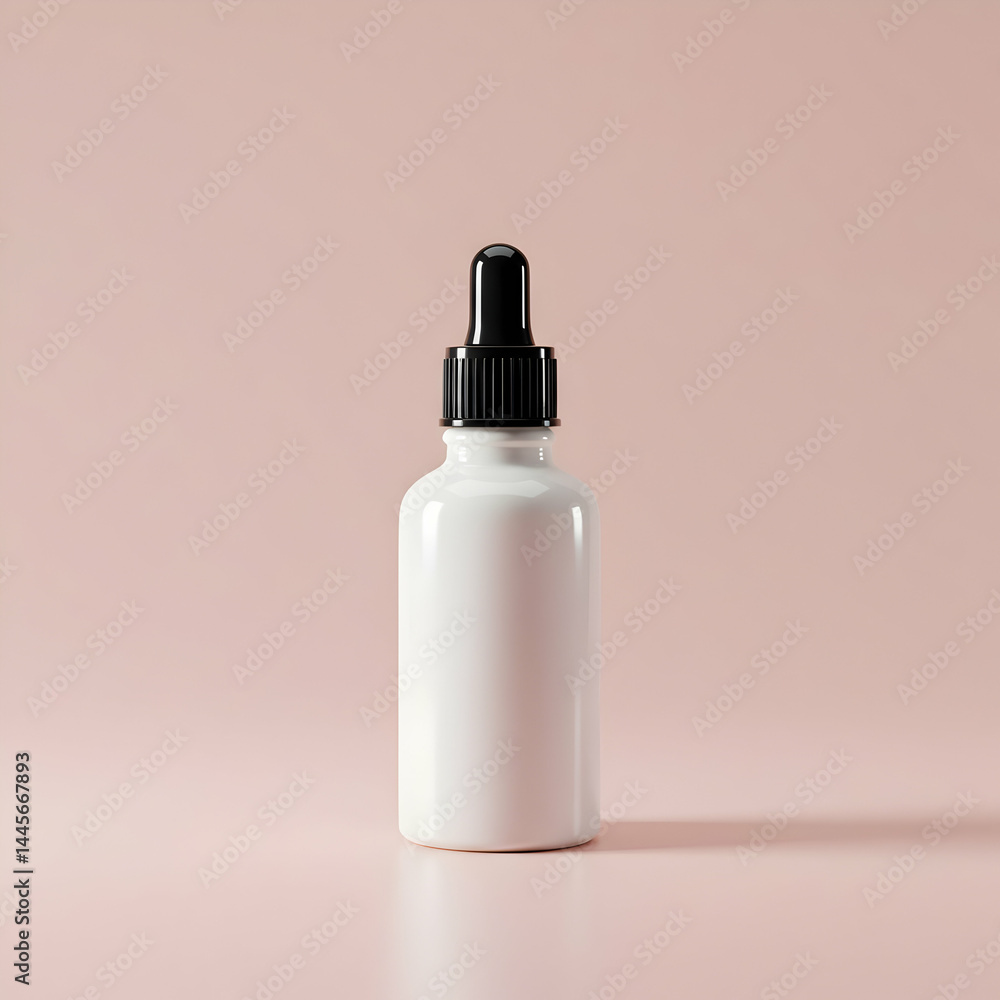 White cosmetic bottle mockup with dropper on pink background for branding and packaging presentation White cosmetic bottle mockup with dropper on pink background for branding and packaging presentation