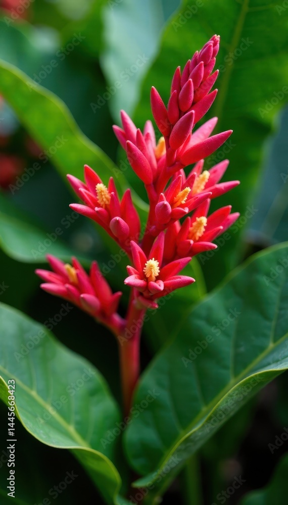 Obraz premium Vibrant coral plant with red flowers and large green leaves in a tropical garden, tropical, greenery