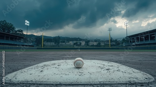A serene image of a white leather baseball resting atop the pitcher's mound, with no one else in sight on the empty field.