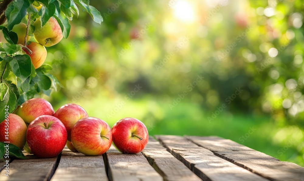 Wooden table in sunny orchard, green bokeh background. AI generated illustration. Wooden table in sunny orchard, green bokeh background. AI generated illustration.