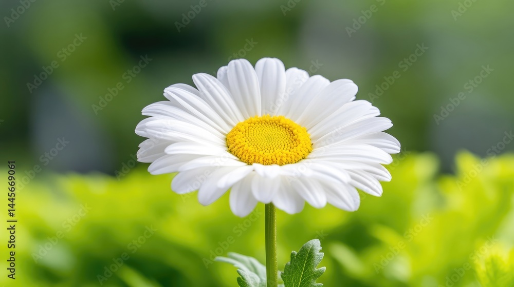 Fototapeta premium Single white daisy flower blooming in a vibrant green garden under bright natural daylight.