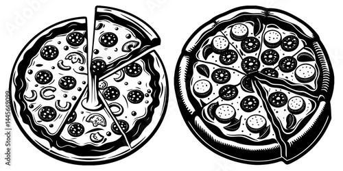 Graphical set of pizza isolated on white background, vector sketch, Italian pizza