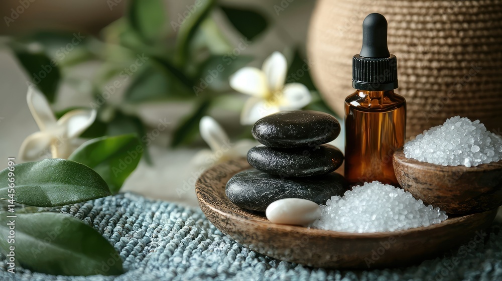 A serene spa scene with essential oils, smooth stones, and sea salt arranged for a facial treatment. A serene spa scene with essential oils, smooth stones, and sea salt arranged for a facial treatment.