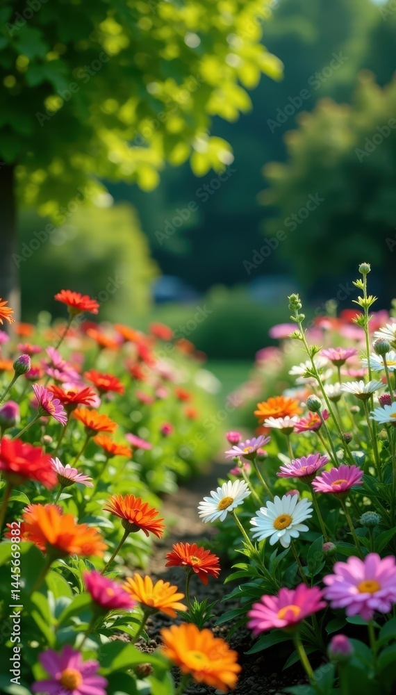 Vibrant garden with colorful flowers and lush greenery, blossoms, summer Vibrant garden with colorful flowers and lush greenery, blossoms, summer