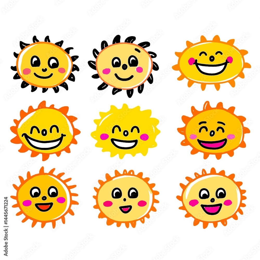 set of smiles. Set of sun cartoon set of smiles. Set of sun cartoon