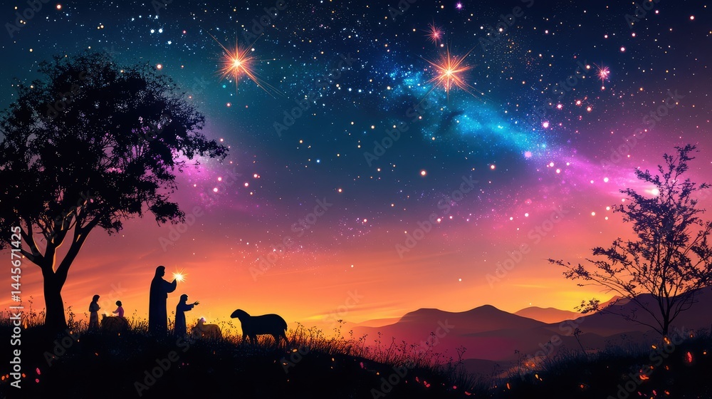 Fototapeta premium Birth of Jesus illustrated with classic nativity figures and glowing star in night sky