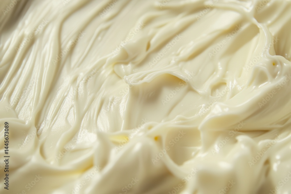 Close-up texture of smooth, thick, pale yellow or white cream or frosting with rippled and swirled patterns across the entire surface. Close-up texture of smooth, thick, pale yellow or white cream or frosting with rippled and swirled patterns across the entire surface.