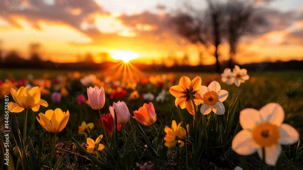 Obraz premium Field of colorful flowers blossoms during a beautiful sunset glow