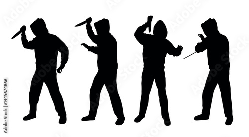Vector silhouettes of a man in a hoodie holding knife attacking someone isolated on white background