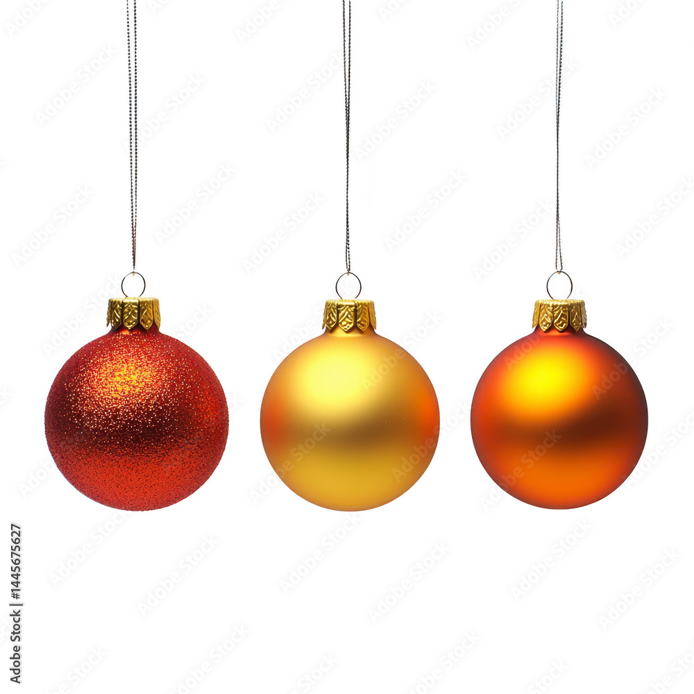 Three festive Christmas ornaments hang in row, featuring red glittery bauble, smooth gold bauble, and shiny orange bauble, all suspended by silver strings Three festive Christmas ornaments hang in row, featuring red glittery bauble, smooth gold bauble, and shiny orange bauble, all suspended by silver strings