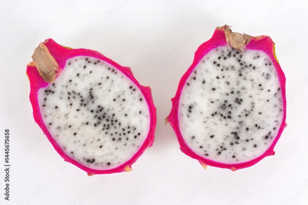 Two halves of fresh dragon fruit on white background, vibrant tropical fruit closeup
Two halves of fresh dragon fruit on white background, vibrant tropical fruit closeup