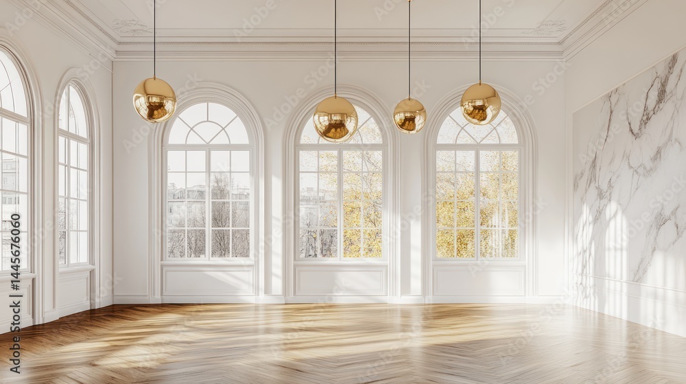 Fototapeta premium Spacious, sun-drenched room with arched windows, gold pendant lights, and polished hardwood floors. High ceilings, white walls, and marble accents