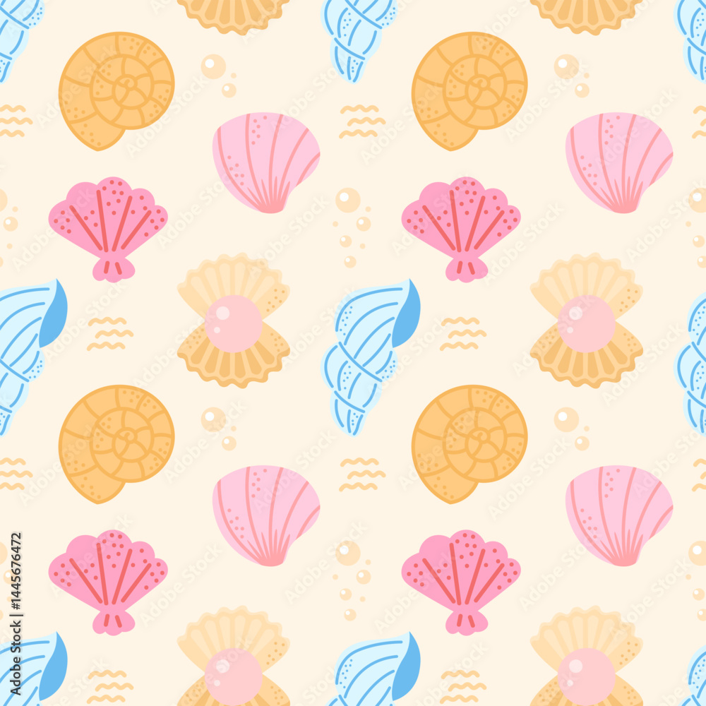 Fototapeta Seamless pattern with pastel seashells and ocean elements in a kawaii marine style. Cute vector background perfect for beach-themed textiles and summer decor