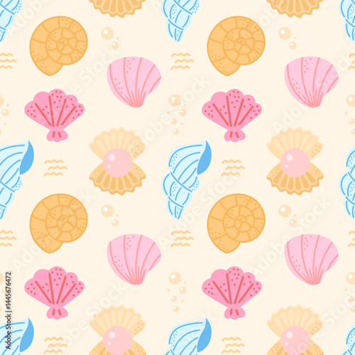 Seamless pattern with pastel seashells and ocean elements in a kawaii marine style. Cute vector background perfect for beach-themed textiles and summer decor