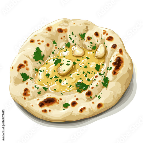 Indian naan bread with garlic and butter vector illustration isolated on a white background