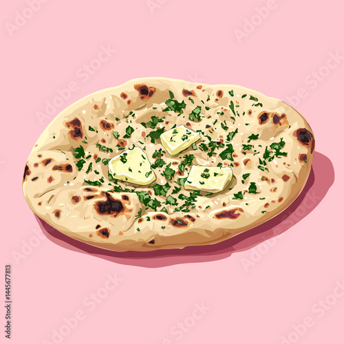 Indian naan bread with garlic and butter vector illustration isolated on a white background