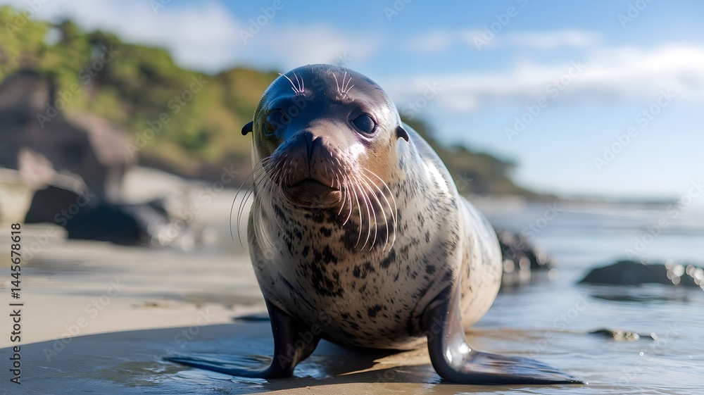 Obraz premium A curious sea lion observes from the sandy shoreline, gazing at the camera. Its fur glistens from the ocean, its eyes full of life, and a captivating expression