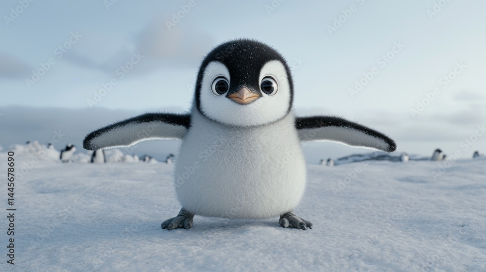 Fototapeta premium An adorable cartoon penguin standing in front of a snowy landscape