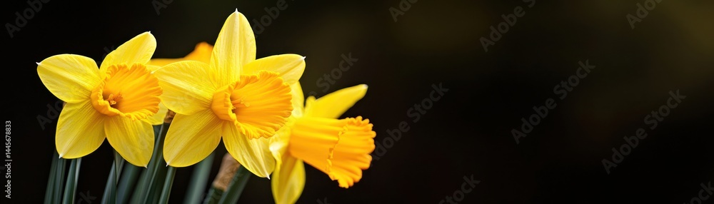 Fototapeta premium Several bright yellow daffodils are clustered against a dark backdrop