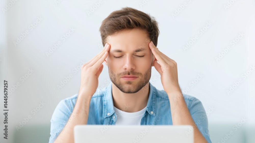 Man experiencing stress while working on laptop in bright indoor setting during daytime.