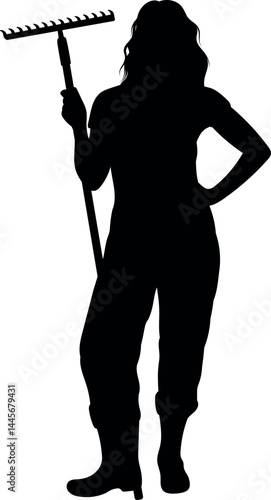Illustration of a silhouette of a gardening woman carrying a garden fork rake